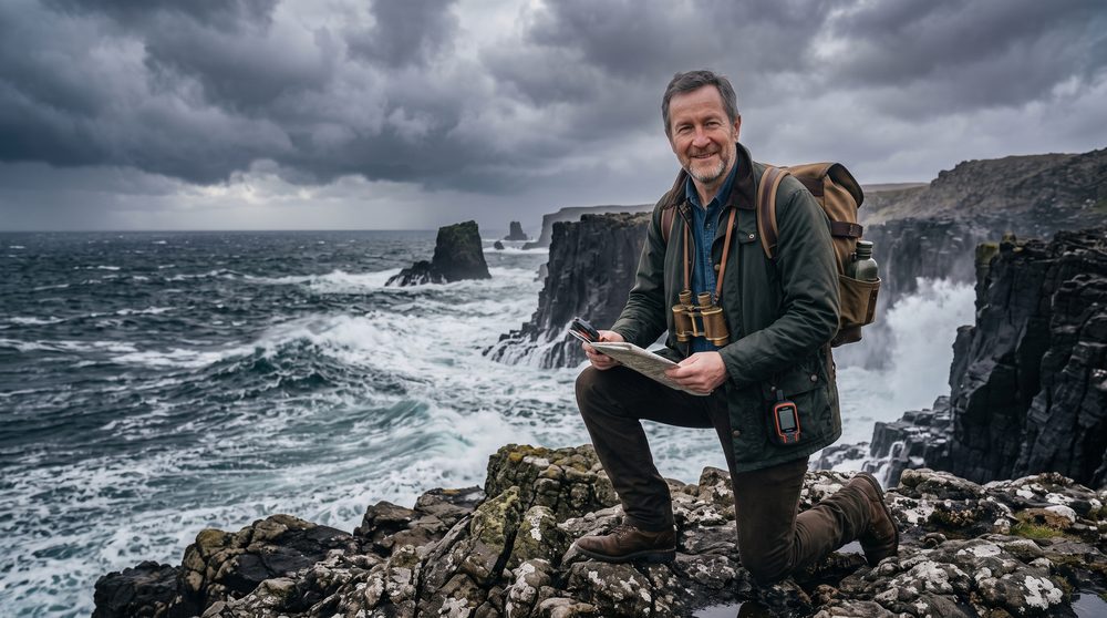 Paul Averlin kneeling on a rocky shore under storm clouds, map in hand