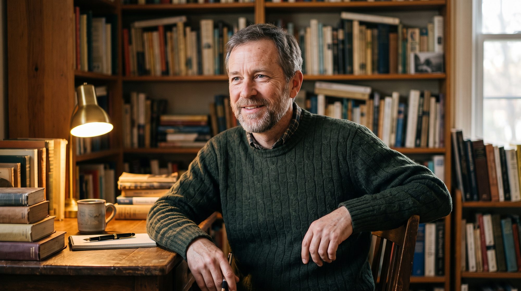 Paul Averlin at his desk in a lamplit study lined with books