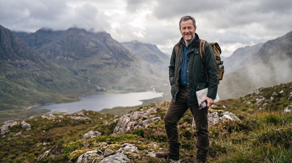 Paul Averlin on a moorland ridge above a long loch