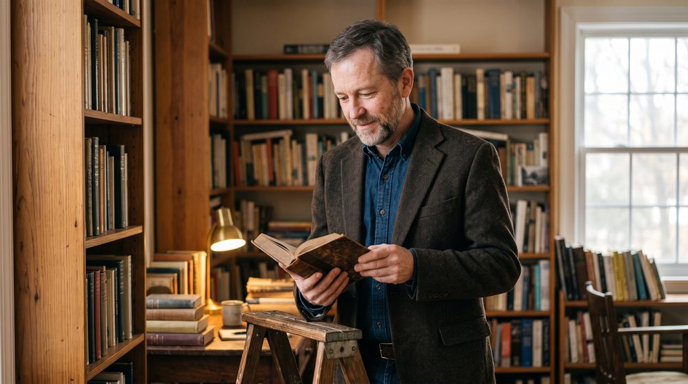 Paul Averlin reading an old book in the study